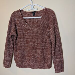 Women's White And Red V-Neck Sweater - Brown Oversized Small